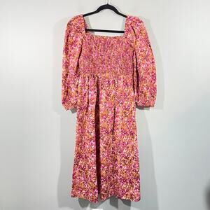 J Crew Women Faded Floral Puff Sleeves Smocked Knee Length Dress Size M #BD996